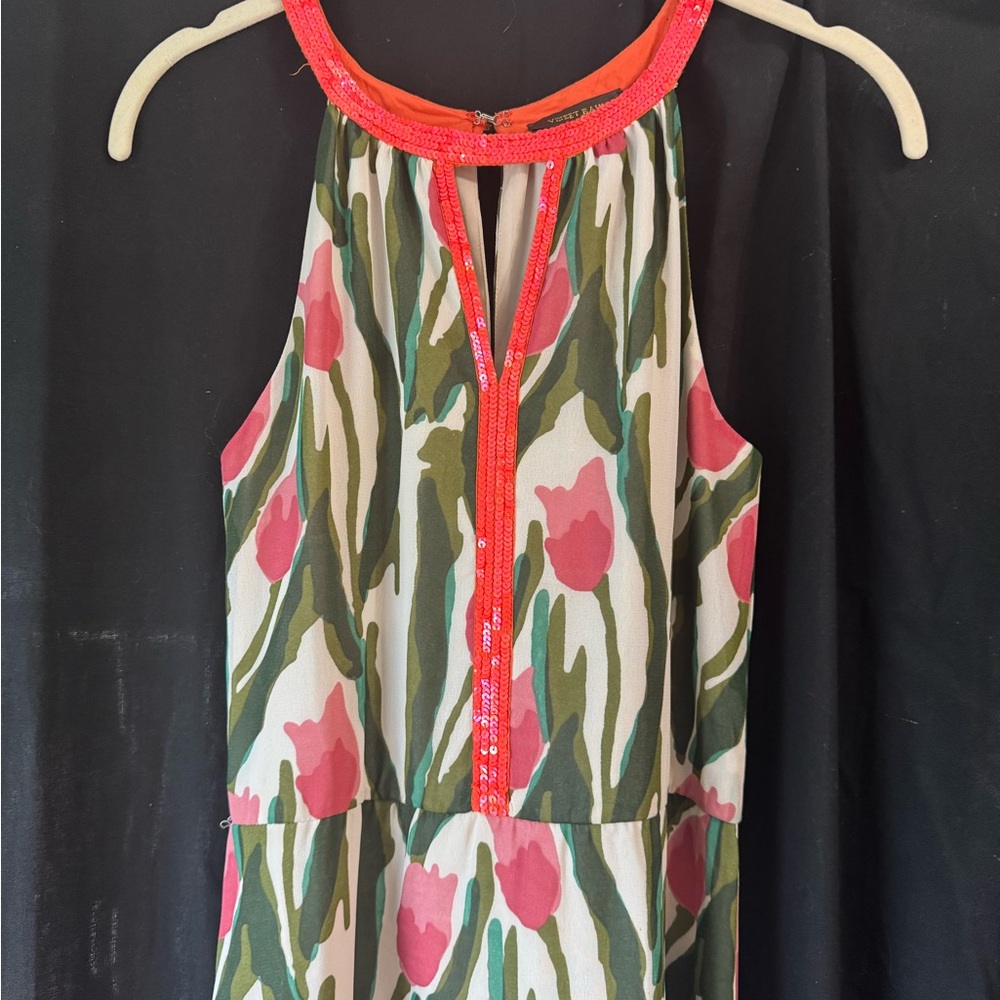 Sleeveless Floral-Print Halter Tank Top with Coral Trim